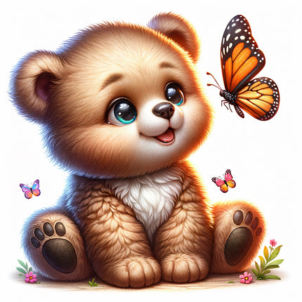 A digitally printed fabric panel featuring a cute teddy bear sitting beside a butterfly, with additional butterflies flying in the background.