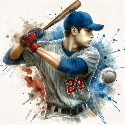 A digitally printed 100% cotton fabric panel featuring a baseball player in mid-swing with a blue and gray uniform, a red number '24' on the uniform, and a baseball in the background. 