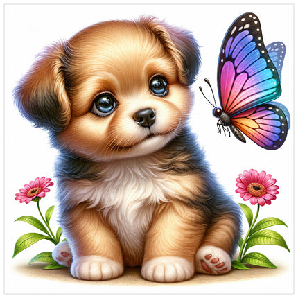 A fabric panel block featuring a cute puppy dog with a colorful butterfly and flowers.
