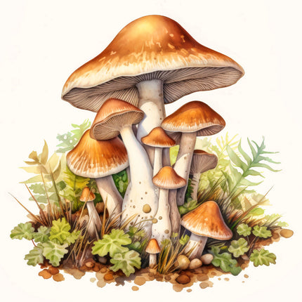 A digitally printed 100% cotton fabric panel featuring a cluster of mushrooms 