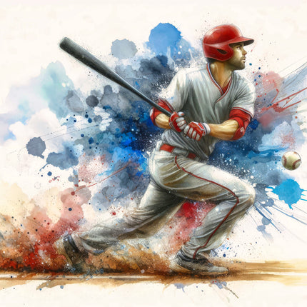 A digitally printed 100% cotton fabric panel featuring a colorful illustration of a baseball player in mid-swing with a red, white, and blue color scheme.