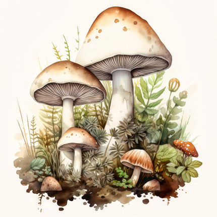 A digitally printed 100% cotton fabric panel featuring a cluster of mushrooms among green foliage.