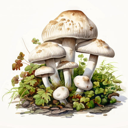 A digitally printed 100% cotton fabric panel featuring a cluster of mushrooms 