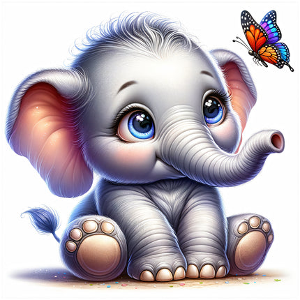 A digitally printed fabric panel featuring a cute baby elephant with a butterfly, designed for quilting and sewing.