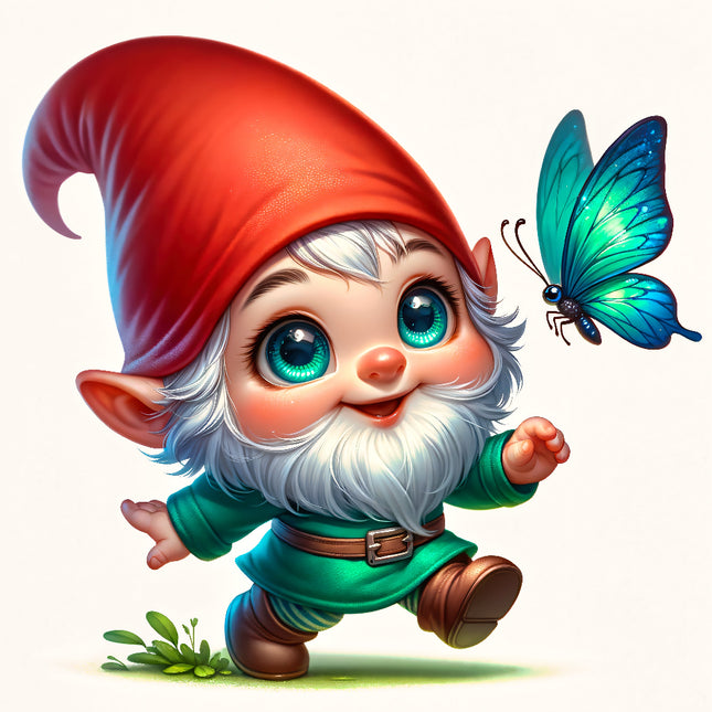 A digitally printed fabric panel featuring a cute gnome with a red hat and a blue butterfly