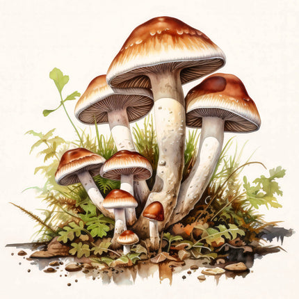 A digitally printed 100% cotton fabric panel featuring a cluster of mushrooms with brown caps 