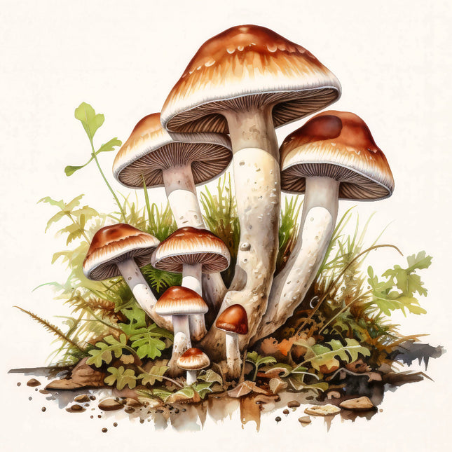 A digitally printed 100% cotton fabric panel featuring a cluster of mushrooms with brown caps 