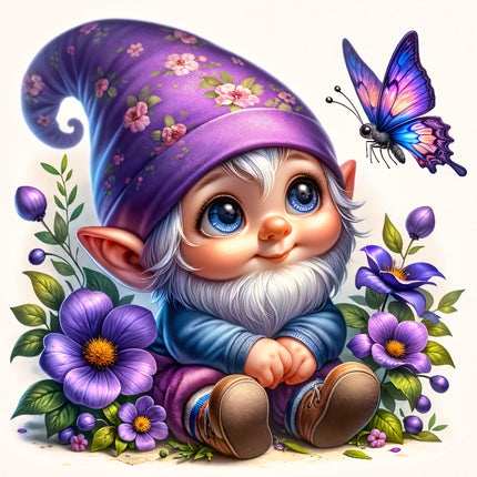 A digitally printed fabric panel featuring a cute gnome wearing a purple hat with floral patterns, sitting beside a butterfly and surrounded by purple flowers.