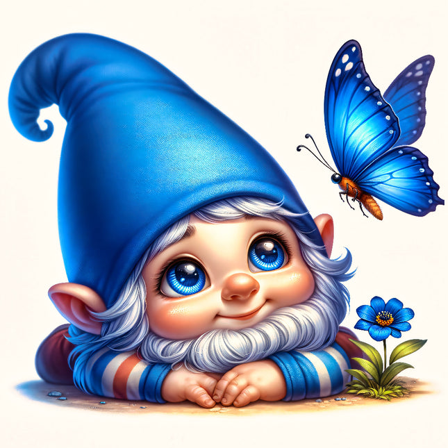 A digitally printed fabric panel featuring a cute gnome wearing a blue hat and sitting next to a blue flower with a blue butterfly in flight.