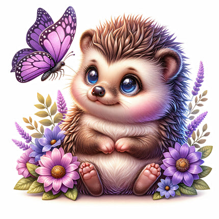 A digitally printed fabric panel featuring a cute hedgehog sitting among colorful flowers with a butterfly above it.