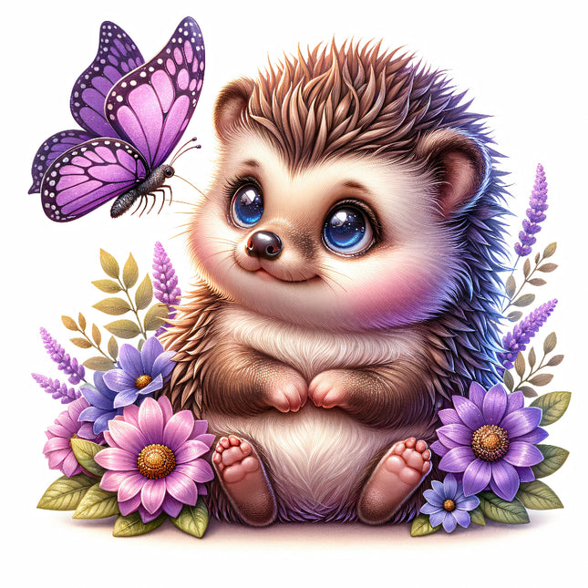 A digitally printed fabric panel featuring a cute hedgehog sitting among colorful flowers with a butterfly above it.
