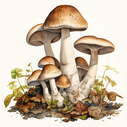 A digitally printed 100% cotton fabric panel featuring a block of mushrooms