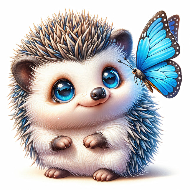 A digitally printed fabric panel featuring a cute hedgehog with large blue eyes and a blue butterfly on its back.
