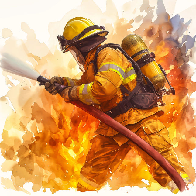 A digitally printed fabric panel featuring a firefighter figure in action with a hose and flames in the background.