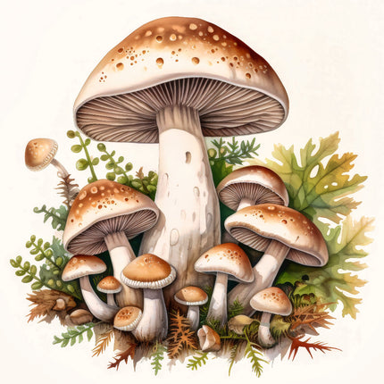 A digitally printed 100% cotton fabric panel featuring a block of mushrooms with varying sizes, surrounded by green leaves and brown soil.