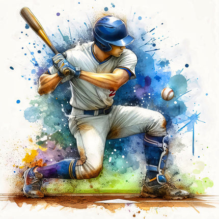 A digitally printed 100% cotton fabric panel featuring a colorful illustration of a baseball player in mid-swing.
