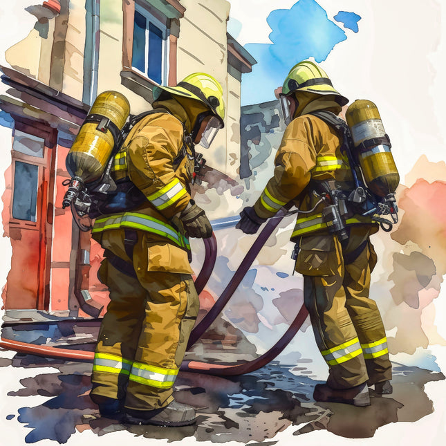 A digitally printed 100% cotton fabric panel featuring two firefighters with hoses and helmets.