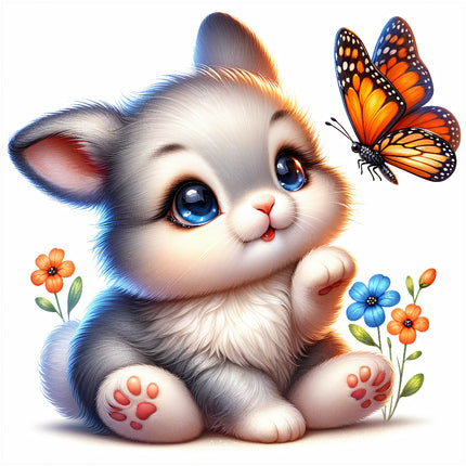 A digitally printed fabric panel featuring a cute rabbit with a butterfly and flowers.