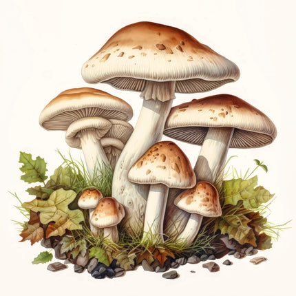 A digitally printed 100% cotton fabric panel featuring a block of mushrooms