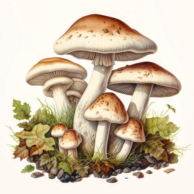 A digitally printed 100% cotton fabric panel featuring a block of mushrooms