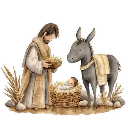 A fabric panel featuring a nativity scene with Joseph, baby Jesus, and a donkey, digitally printed on cotton material.