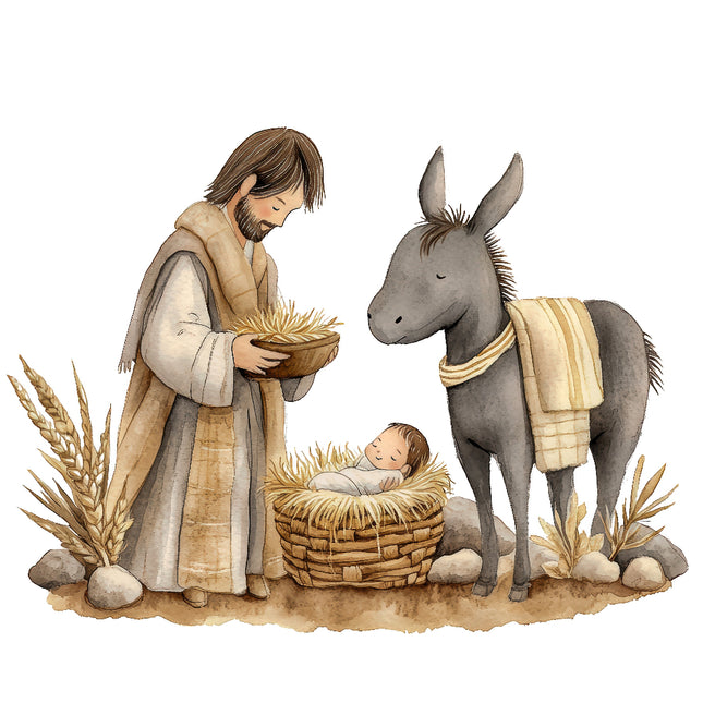 A fabric panel featuring a nativity scene with Joseph, baby Jesus, and a donkey, digitally printed on cotton material.