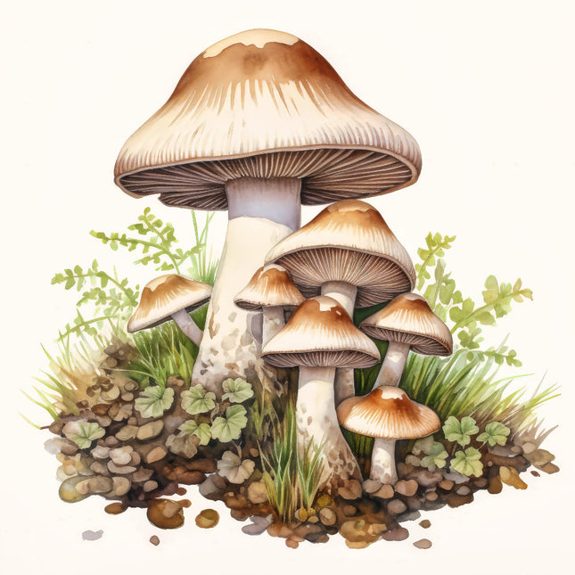 A digitally printed 100% cotton fabric panel featuring a group of mushrooms with brown caps 