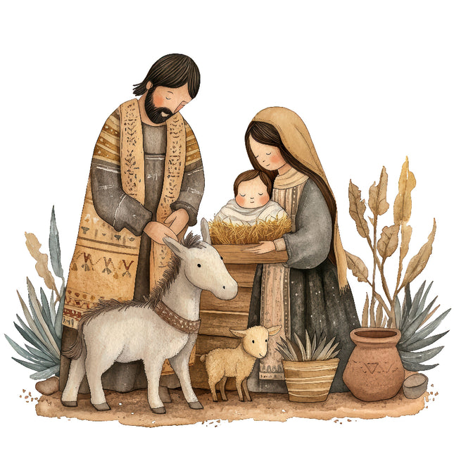 A fabric panel featuring a nativity scene with Joseph, Mary, and baby Jesus, alongside a donkey and a sheep, with desert flora in the background.