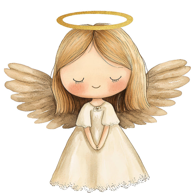 A digitally printed 100% cotton fabric panel featuring a block of a nativity angel with wings and a halo, in beige, white and gold colors.