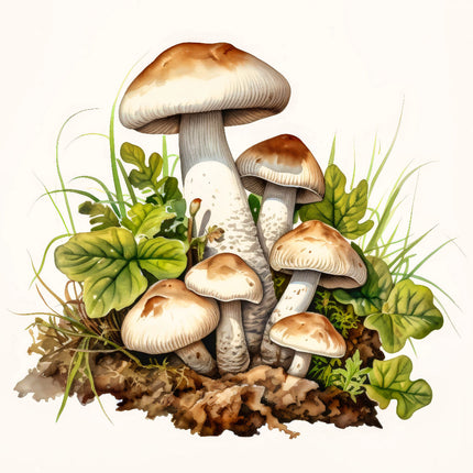 A digitally printed 100% cotton fabric panel featuring a block of mushrooms with grass and soil details.