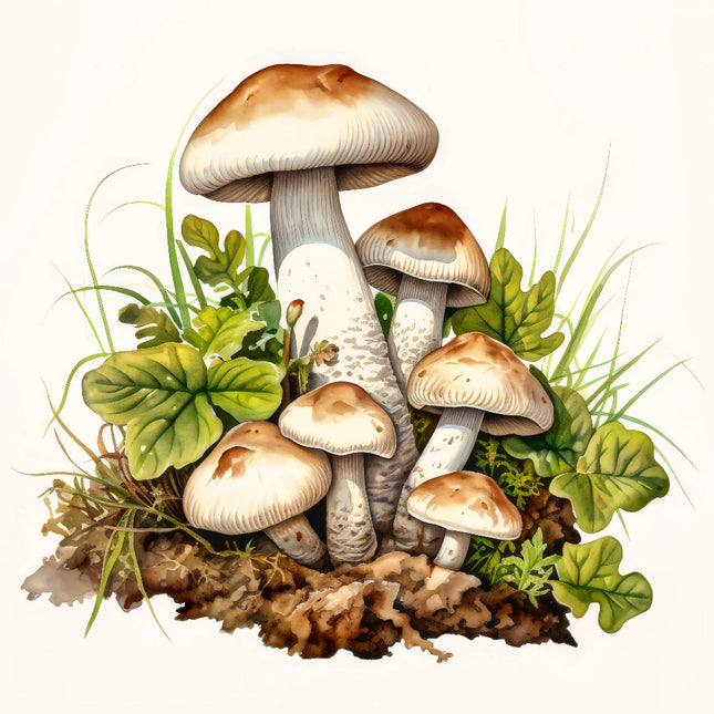 A digitally printed 100% cotton fabric panel featuring a block of mushrooms with grass and soil details.