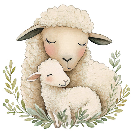 A fabric panel featuring a digital print of a sheep and a lamb with floral elements, representing the nativity theme.