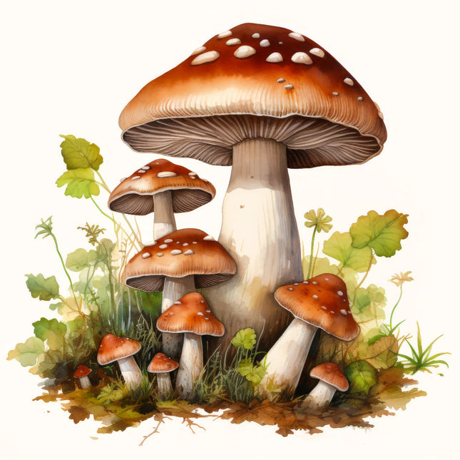 A digitally printed 100% cotton fabric panel featuring a group of mushrooms 