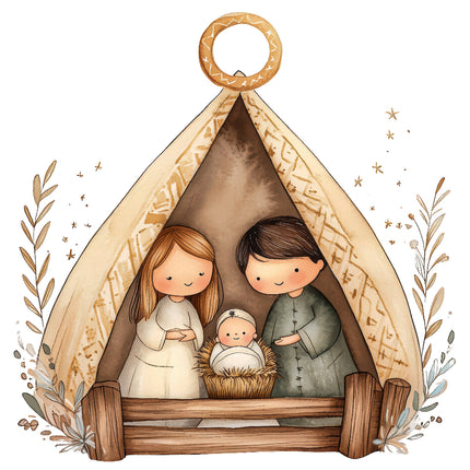 A digitally printed 100% cotton fabric panel featuring a nativity scene with the baby Jesus, Mary, and Joseph in a manger, surrounded by a star, leaves, and a tent-like structure.