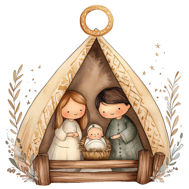 A digitally printed 100% cotton fabric panel featuring a nativity scene with the baby Jesus, Mary, and Joseph in a manger, surrounded by a star, leaves, and a tent-like structure.