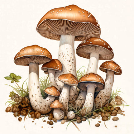 A digitally printed 100% cotton fabric panel featuring a block of mushrooms with brown caps and white stems on a background of green grass and brown earth.