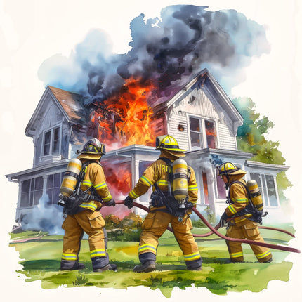 A digitally printed fabric panel featuring three firefighters in front of a burning house.
