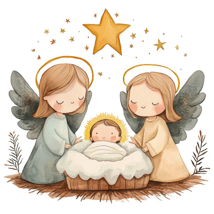 A digitally printed 100% cotton fabric panel featuring a nativity scene with angels and a star, designed for quilting and sewing.