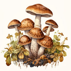 A digitally printed 100% cotton fabric panel featuring a cluster of mushrooms with brown caps and stems among green leaves.