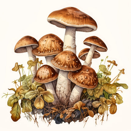 A digitally printed 100% cotton fabric panel featuring a cluster of mushrooms with brown caps and stems among green leaves.