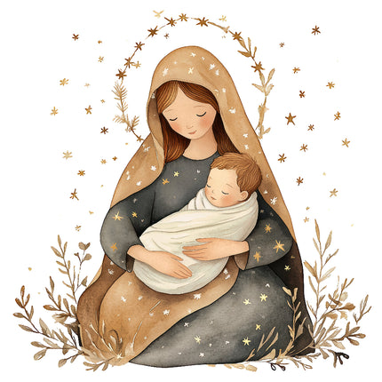 A digital print of a fabric panel featuring a nativity scene with the mother holding the baby, surrounded by a halo of stars and laurel leaves.