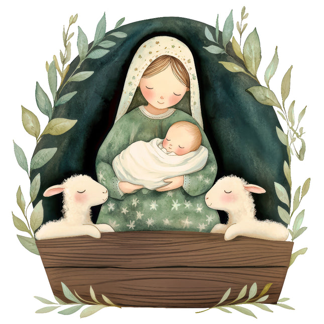 A fabric panel featuring an illustration of the nativity scene with the baby Jesus, Mary, and Joseph, surrounded by sheep and a halo of stars.