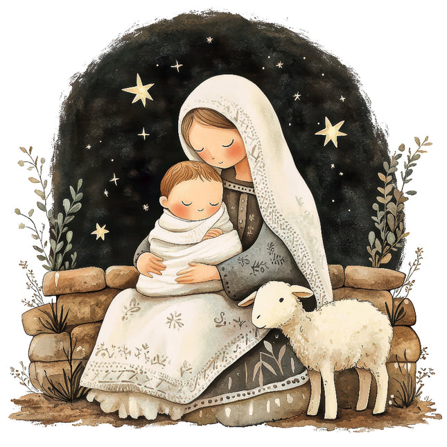 A digitally printed 100% cotton fabric panel featuring a nativity scene with a depiction of Mary holding baby Jesus, accompanied by a sheep, against a backdrop of a night sky with stars.