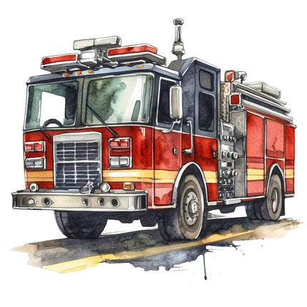 A digitally printed 100% cotton fabric panel featuring a red fire truck with detailed equipment and ladders on a white background.