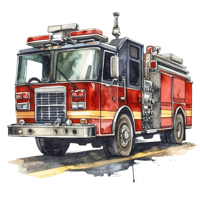 A digitally printed 100% cotton fabric panel featuring a red fire truck with detailed equipment and ladders on a white background.