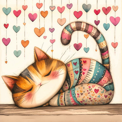 A colorful fabric panel featuring a whimsical cat