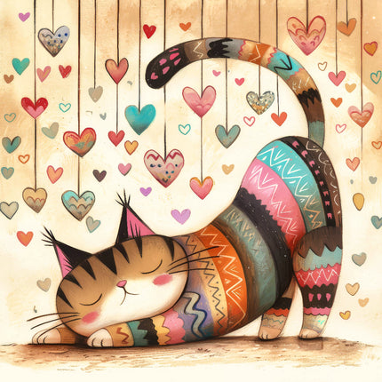 A colorful fabric panel featuring a whimsical design of a cat with geometric patterns and hearts in the background.