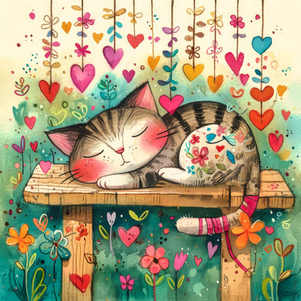 A colorful fabric panel featuring a whimsical illustration of a cat with floral patterns on its body, surrounded by heart shapes and flowers.