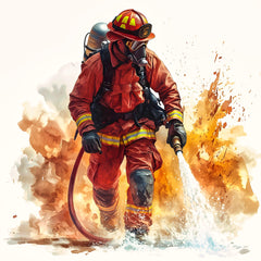 A digitally printed 100% cotton fabric panel featuring a firefighter figure in action with water and flames.