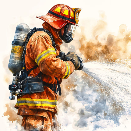 A digitally printed 100% cotton fabric panel featuring a firefighter in action with a hose and mask.